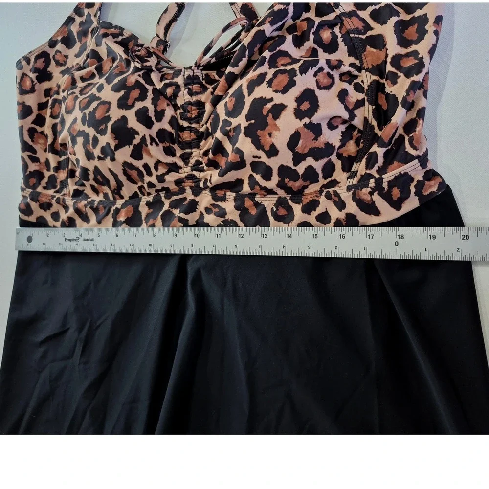 Daci‎ Leopard Print Asymmetrical Swim Dress Top Black Tan Animal Print 24W